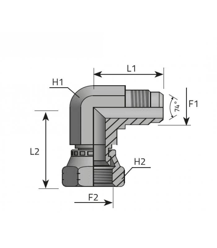 Коляно 90° за ориентиране, резба JIC 37°. конус 74°